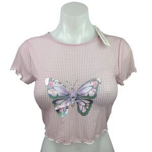 New For Love and Lemons Betsy Pink Butterfly Short Sleeve T-Shirt Crop Top Sz XS